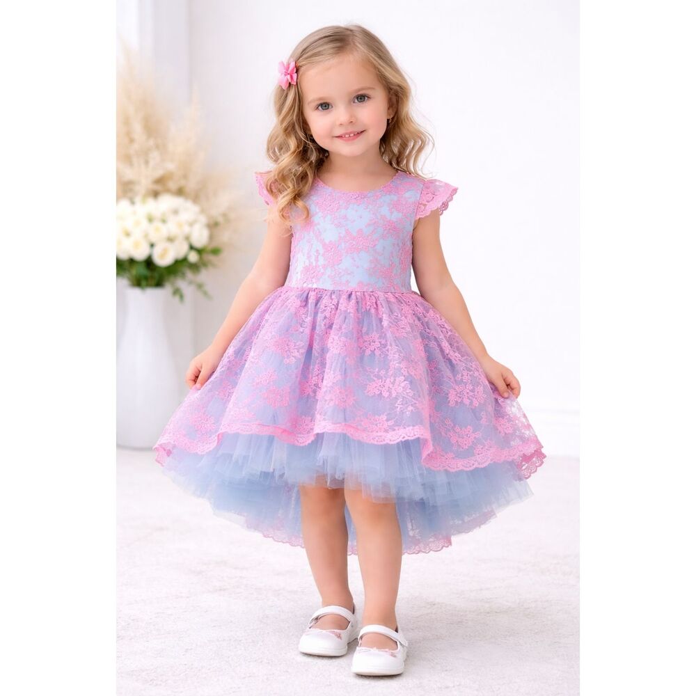 Embroidered Lace High/Low Romantic Tutu Couture Dress 3T Pink and Blue TC1960